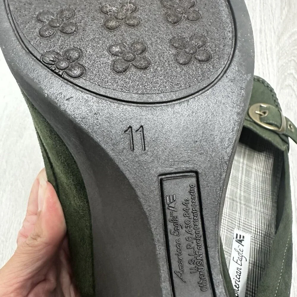 American Eagle Outfitters Olive Green Suede Wedge Loafers with Brass Buckle